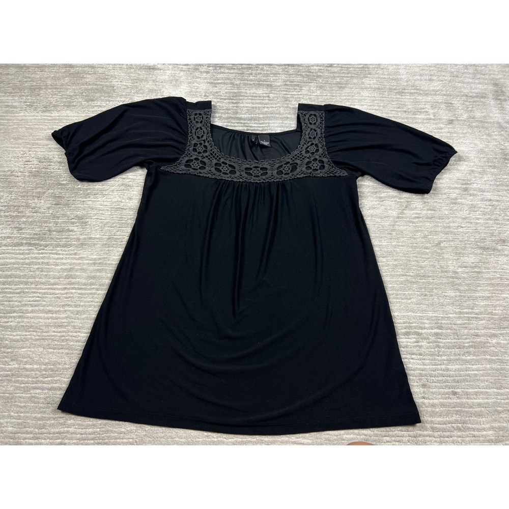 New Directions Top Womens L Black Crochet Lace Square Neck Short Puff Sleeve